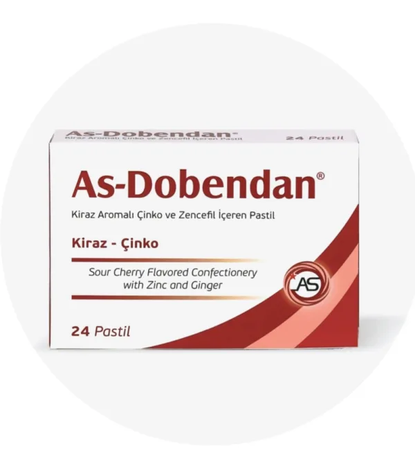 As-Dobendan Kiraz Çinko 24 Pastil, çinko ve zencefil içeren kiraz aromalı pastildir. Ağız ve boğaz konforuna destek sağlar.